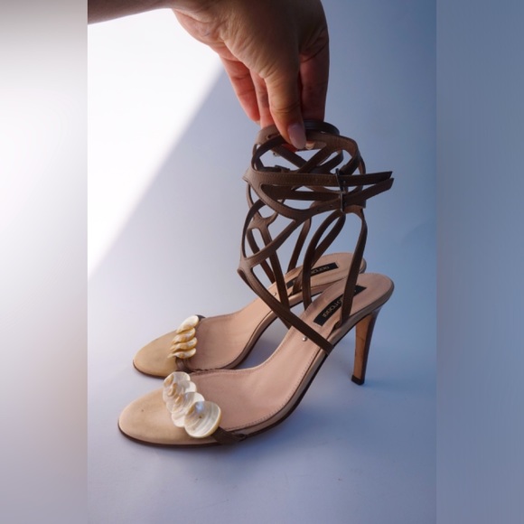 *SOLD* SERGIO ROSSI Brown Leather and Shell Strappy 3” Heels - Picture 2 of 6